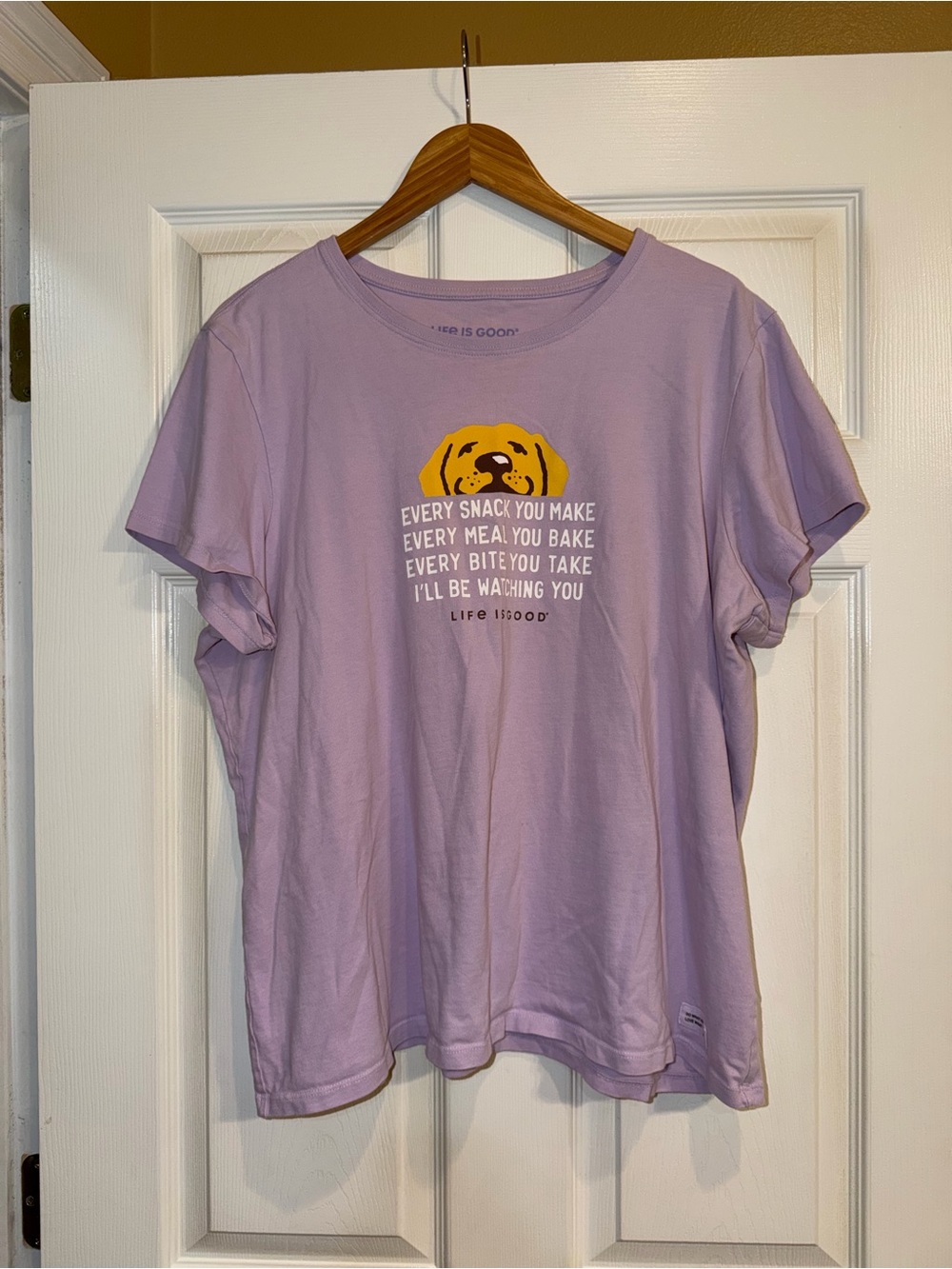 Life Is Good Lavender Short Sleeve Tee with Yellow Dog Graphic